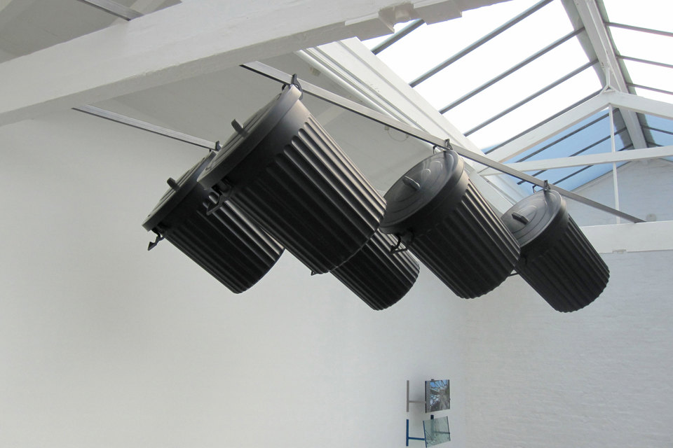 Matthew Smith, Word For Pleasure 2011, Plastic dustbins, steel. Dimensions variable, Cell Project Space